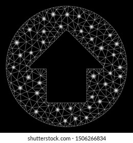 Glowing mesh up arrow with glow effect. Abstract illuminated model of up arrow icon. Shiny wire carcass triangular mesh up arrow. Vector abstraction on a black background.