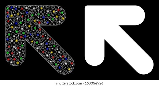 Glowing mesh arrow up left icon with glow effect. Abstract illuminated model of arrow up left. Shiny wire frame triangular mesh arrow up left icon. Vector abstraction on a black background.
