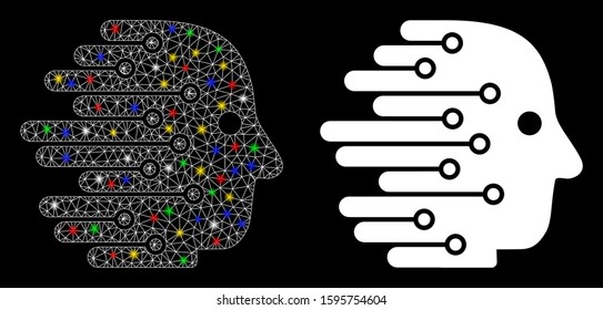 Glowing mesh artificial intelligence icon with glow effect. Abstract illuminated model of artificial intelligence. Shiny wire carcass triangular mesh artificial intelligence icon.
