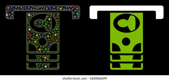 Glowing mesh ATM icon with glare effect. Abstract illuminated model of ATM. Shiny wire frame triangular network ATM icon. Vector abstraction on a black background.