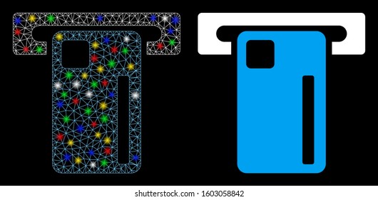 Glowing mesh ATM machine icon with sparkle effect. Abstract illuminated model of ATM machine. Shiny wire carcass triangular mesh ATM machine icon. Vector abstraction on a black background.