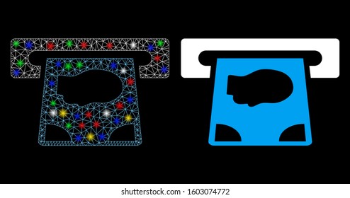 Glowing mesh ATM payment icon with lightspot effect. Abstract illuminated model of ATM payment. Shiny wire carcass polygonal mesh ATM payment icon. Vector abstraction on a black background.