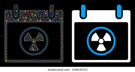 Glowing mesh atomic calendar day icon with lightspot effect. Abstract illuminated model of atomic calendar day. Shiny wire carcass polygonal mesh atomic calendar day icon.