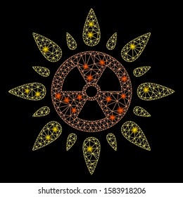 Glowing mesh atomic radiation with glow effect. Abstract illuminated model of atomic radiation icon. Shiny wire carcass polygonal network atomic radiation. Vector abstraction on a black background.