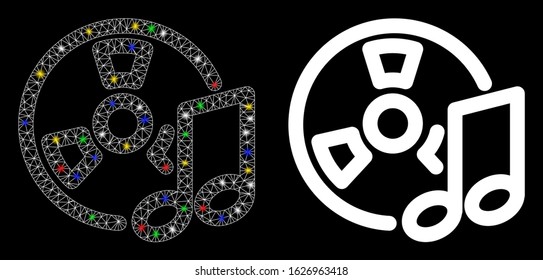 Glowing mesh audio tape icon with glitter effect. Abstract illuminated model of audio tape. Shiny wire carcass polygonal mesh audio tape icon. Vector abstraction on a black background.