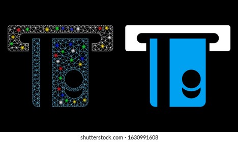 Glowing mesh automated banking service icon with glare effect. Abstract illuminated model of automated banking service. Shiny wire carcass triangular network automated banking service icon.