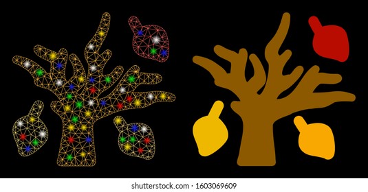 Glowing mesh autumn tree icon with glow effect. Abstract illuminated model of autumn tree. Shiny wire frame triangular mesh autumn tree icon. Vector abstraction on a black background.