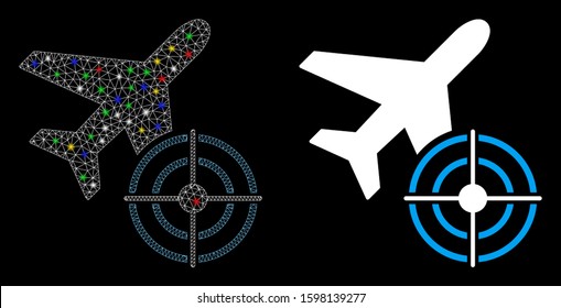 Glowing mesh aviation target icon with lightspot effect. Abstract illuminated model of aviation target. Shiny wire frame polygonal network aviation target icon.