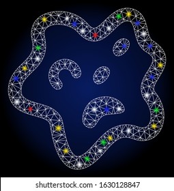 Glowing mesh bacteria with glare effect. Abstract illuminated model of bacteria. Shiny wire frame polygonal mesh bacteria icon. Vector abstraction on a dark blue gradient background.