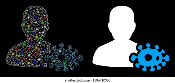 Glowing mesh bacteriologist icon with glitter effect. Abstract illuminated model of bacteriologist. Shiny wire carcass triangular network bacteriologist icon. Vector abstraction on a black background.