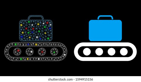 Glowing mesh baggage conveyor icon with sparkle effect. Abstract illuminated model of baggage conveyor. Shiny wire frame triangular network baggage conveyor icon.