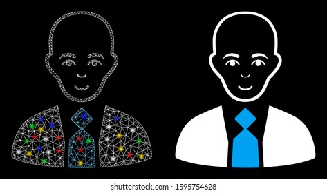 Glowing mesh bald boss icon with sparkle effect. Abstract illuminated model of bald boss. Shiny wire frame triangular network bald boss icon. Vector abstraction on a black background.