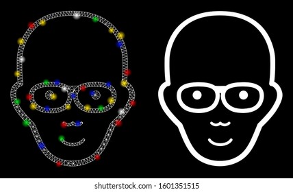 Glowing mesh bald head icon with glare effect. Abstract illuminated model of bald head. Shiny wire carcass triangular mesh bald head icon. Vector abstraction on a black background.