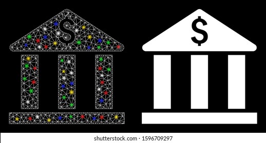Glowing mesh bank building icon with glow effect. Abstract illuminated model of bank building. Shiny wire frame polygonal mesh bank building icon. Vector abstraction on a black background.