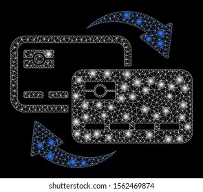 Glowing mesh bank card exchange with glare effect. Abstract illuminated model of bank card exchange icon. Shiny wire carcass triangular mesh bank card exchange.