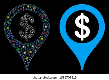 Glowing mesh bank map marker icon with sparkle effect. Abstract illuminated model of bank map marker. Shiny wire carcass polygonal mesh bank map marker icon. Vector abstraction on a black background.