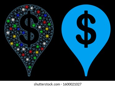 Glowing mesh bank map marker icon with glow effect. Abstract illuminated model of bank map marker. Shiny wire frame polygonal mesh bank map marker icon. Vector abstraction on a black background.