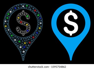 Glowing mesh bank map pointer icon with glow effect. Abstract illuminated model of bank map pointer. Shiny wire carcass polygonal network bank map pointer icon.