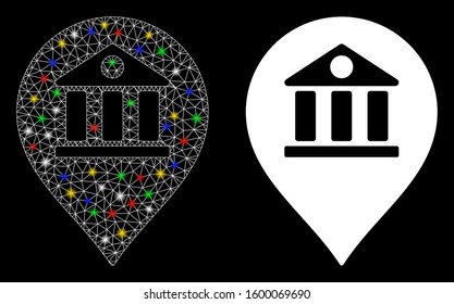 Glowing mesh bank marker icon with sparkle effect. Abstract illuminated model of bank marker. Shiny wire carcass polygonal mesh bank marker icon. Vector abstraction on a black background.