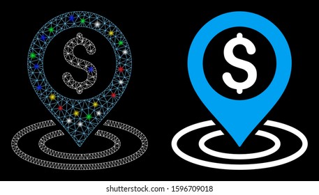 Glowing mesh bank place icon with glitter effect. Abstract illuminated model of bank place. Shiny wire frame triangular mesh bank place icon. Vector abstraction on a black background.