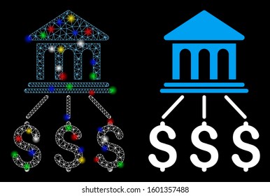 Glowing mesh bank scheme icon with lightspot effect. Abstract illuminated model of bank scheme. Shiny wire carcass triangular mesh bank scheme icon. Vector abstraction on a black background.