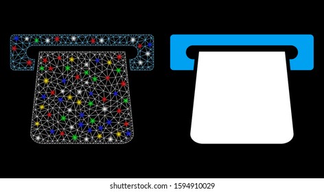 Glowing mesh bank terminal icon with glitter effect. Abstract illuminated model of bank terminal. Shiny wire frame polygonal mesh bank terminal icon. Vector abstraction on a black background.