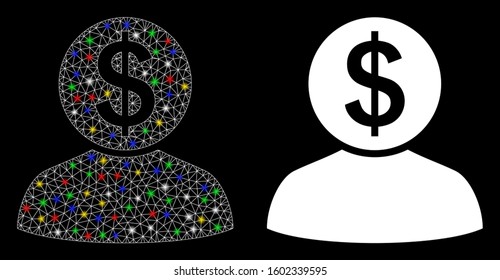 Glowing mesh banker icon with glitter effect. Abstract illuminated model of banker. Shiny wire carcass polygonal network banker icon. Vector abstraction on a black background.