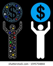 Glowing mesh banker icon with sparkle effect. Abstract illuminated model of banker. Shiny wire carcass polygonal mesh banker icon. Vector abstraction on a black background.