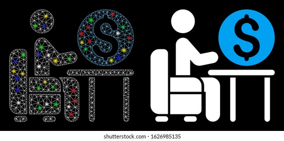 Glowing mesh banker office icon with glow effect. Abstract illuminated model of banker office. Shiny wire frame polygonal network banker office icon. Vector abstraction on a black background.