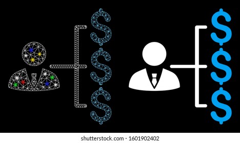 Glowing mesh banker payments icon with lightspot effect. Abstract illuminated model of banker payments. Shiny wire frame polygonal mesh banker payments icon. Vector abstraction on a black background.
