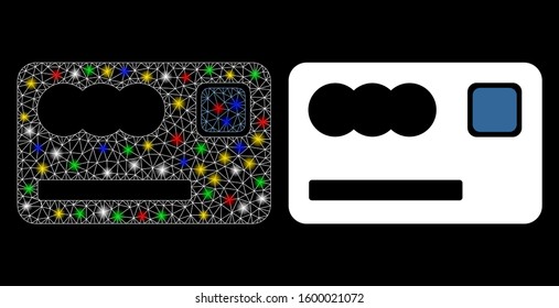 Glowing mesh banking card icon with glitter effect. Abstract illuminated model of banking card. Shiny wire frame triangular mesh banking card icon. Vector abstraction on a black background.