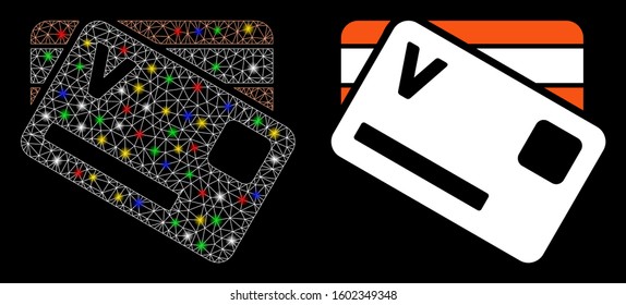 Glowing mesh banking cards icon with glow effect. Abstract illuminated model of banking cards. Shiny wire carcass polygonal mesh banking cards icon. Vector abstraction on a black background.