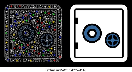 Glowing mesh banking safe icon with sparkle effect. Abstract illuminated model of banking safe. Shiny wire carcass polygonal mesh banking safe icon. Vector abstraction on a black background.