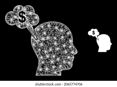 Verleugnendes vernetztes Bankdenken mit leuchtenden Flecken. Flache Maschen mit linearem Rahmen, erzeugt mit Kreuzung von weißen Linien und Bankdenksymbol.