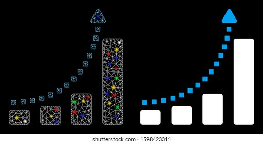 Glowing mesh bar chart trend icon with sparkle effect. Abstract illuminated model of bar chart trend. Shiny wire carcass triangular mesh bar chart trend icon. Vector abstraction on a black background.