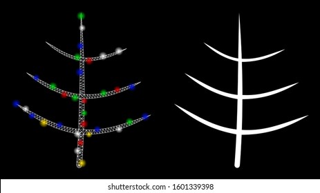 Glowing mesh bare tree icon with glare effect. Abstract illuminated model of bare tree. Shiny wire frame polygonal mesh bare tree icon. Vector abstraction on a black background.