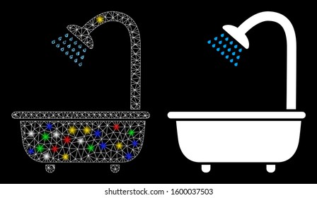 Glowing mesh bath shower icon with glare effect. Abstract illuminated model of bath shower. Shiny wire carcass polygonal mesh bath shower icon. Vector abstraction on a black background.