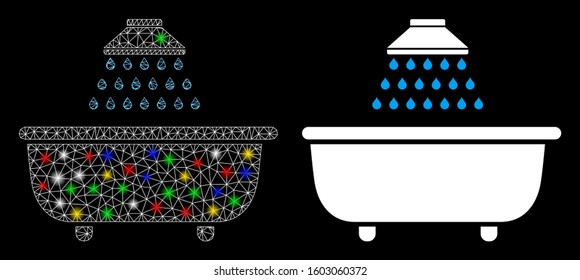 Glowing mesh bath shower icon with lightspot effect. Abstract illuminated model of bath shower. Shiny wire frame triangular mesh bath shower icon. Vector abstraction on a black background.