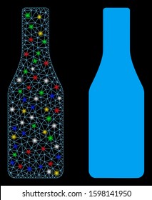 Glowing mesh beer bottle icon with sparkle effect. Abstract illuminated model of beer bottle. Shiny wire frame polygonal mesh beer bottle icon. Vector abstraction on a black background.