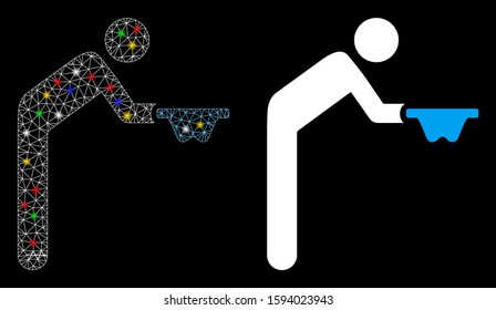 Glowing mesh beggar icon with glitter effect. Abstract illuminated model of beggar. Shiny wire carcass polygonal network beggar icon. Vector abstraction on a black background.