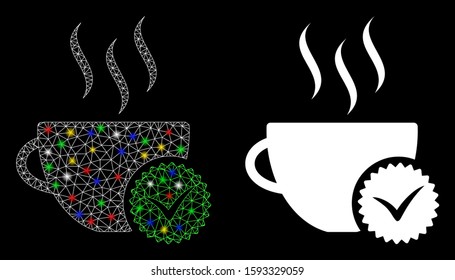 Glowing mesh best coffee icon with lightspot effect. Abstract illuminated model of best coffee. Shiny wire carcass triangular mesh best coffee icon. Vector abstraction on a black background.
