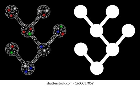Glowing mesh binary tree icon with lightspot effect. Abstract illuminated model of binary tree. Shiny wire frame triangular mesh binary tree icon. Vector abstraction on a black background.