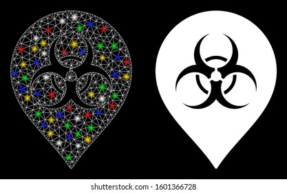 Glowing mesh biohazard marker icon with glow effect. Abstract illuminated model of biohazard marker. Shiny wire carcass triangular mesh biohazard marker icon. Vector abstraction on a black background.