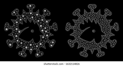 Glowing mesh bird flu virus with sparkle effect. Abstract illuminated model of bird flu virus icon. Shiny wire carcass polygonal network bird flu virus icon. Vector abstraction on a black background.