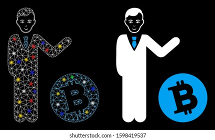 Glowing mesh Bitcoin businessman icon with glitter effect. Abstract illuminated model of Bitcoin businessman. Shiny wire carcass triangular mesh Bitcoin businessman icon.