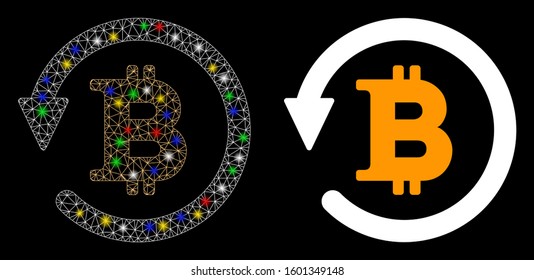 Glowing mesh Bitcoin chargeback icon with sparkle effect. Abstract illuminated model of Bitcoin chargeback. Shiny wire frame polygonal mesh Bitcoin chargeback icon.