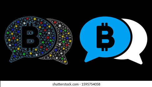 Glowing mesh Bitcoin chat icon with glare effect. Abstract illuminated model of Bitcoin chat. Shiny wire frame triangular network Bitcoin chat icon. Vector abstraction on a black background.