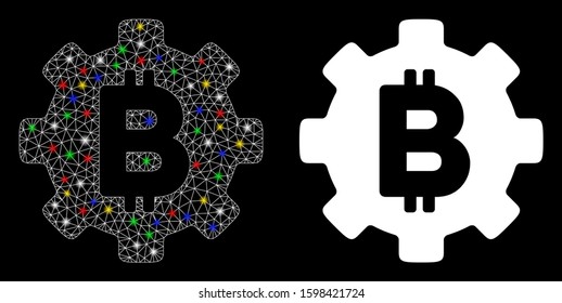 Glowing mesh Bitcoin cog wheel icon with glare effect. Abstract illuminated model of Bitcoin cog wheel. Shiny wire frame polygonal mesh Bitcoin cog wheel icon.