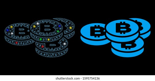 Glowing mesh Bitcoin coins icon with glitter effect. Abstract illuminated model of Bitcoin coins. Shiny wire carcass polygonal mesh Bitcoin coins icon. Vector abstraction on a black background.
