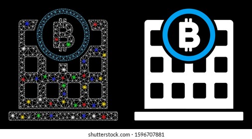 Glowing mesh Bitcoin corporation building icon with sparkle effect. Abstract illuminated model of Bitcoin corporation building. Shiny wire frame polygonal mesh Bitcoin corporation building icon.